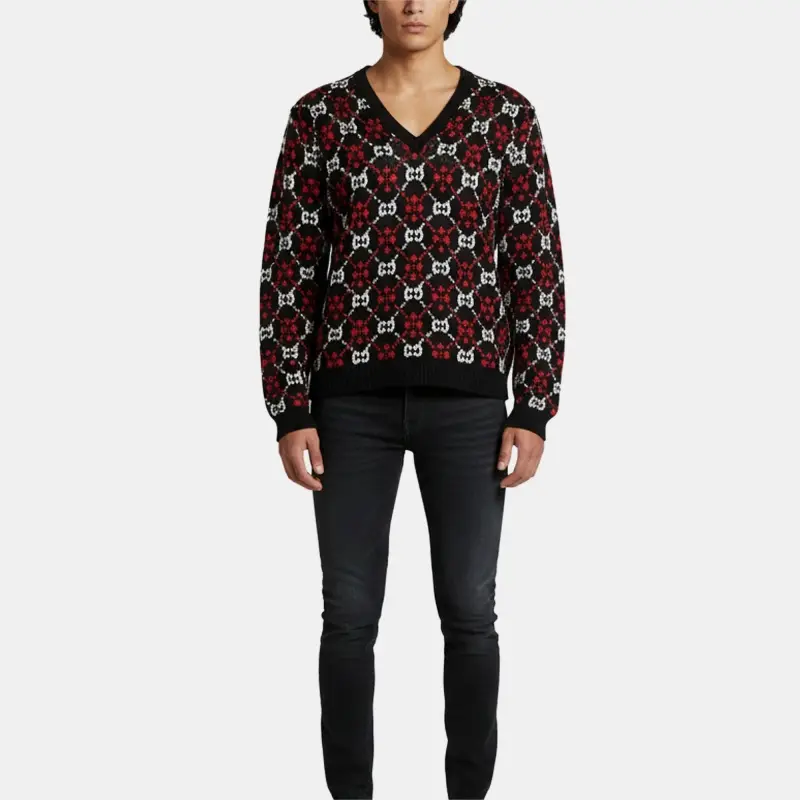 Gucci Black/Red Diamond Monogram Knit V-Neck Jumper L