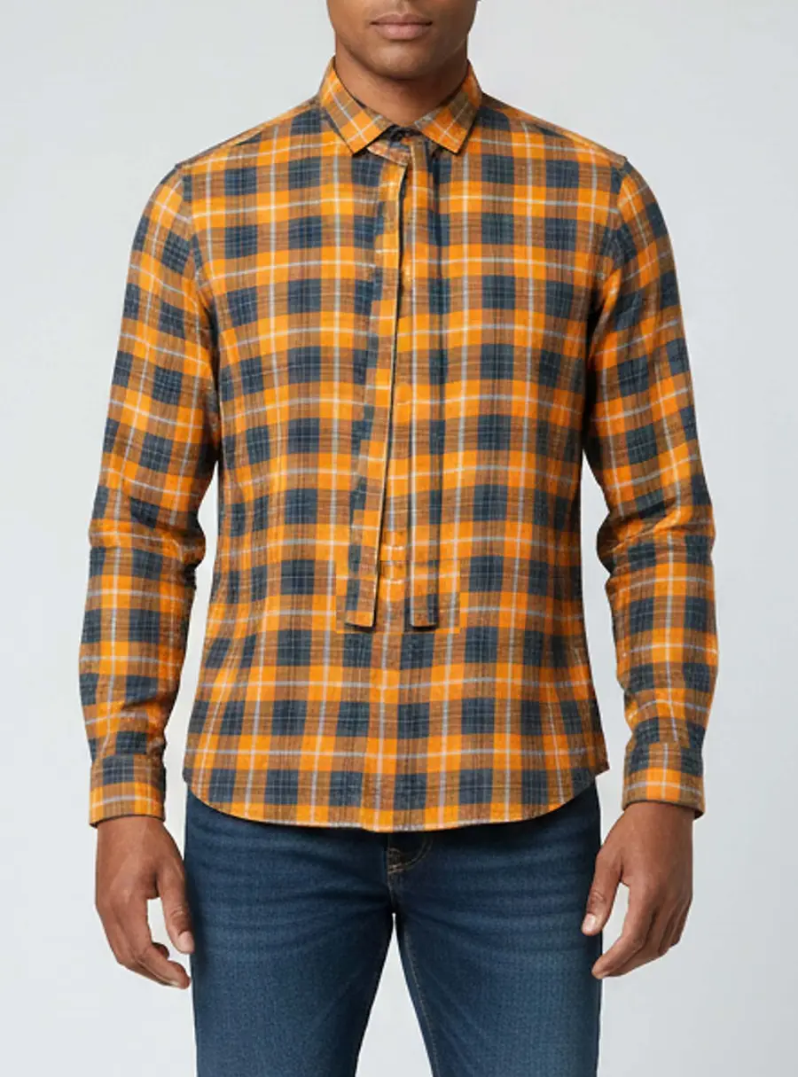 Gucci Orange/Grey Checkered Flannel Neck Tie Shirt L