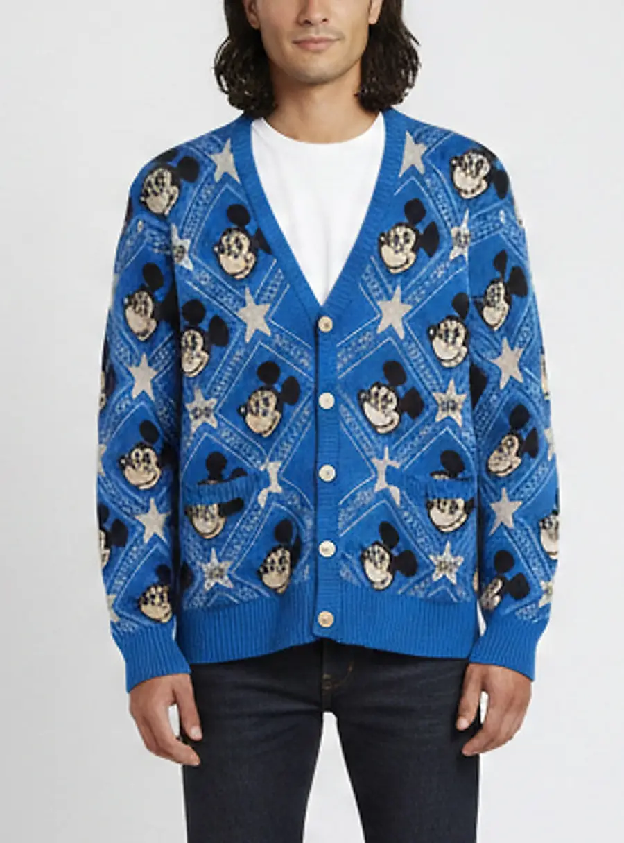 Gucci X Disney Blue Mickey Mouse Jacquard Knit V-Neck Cardigan L