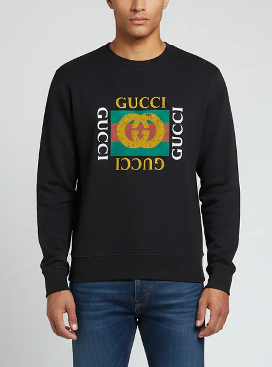 Gucci Black Logo Print Cotton Knit Distressed Sweatshirt XL