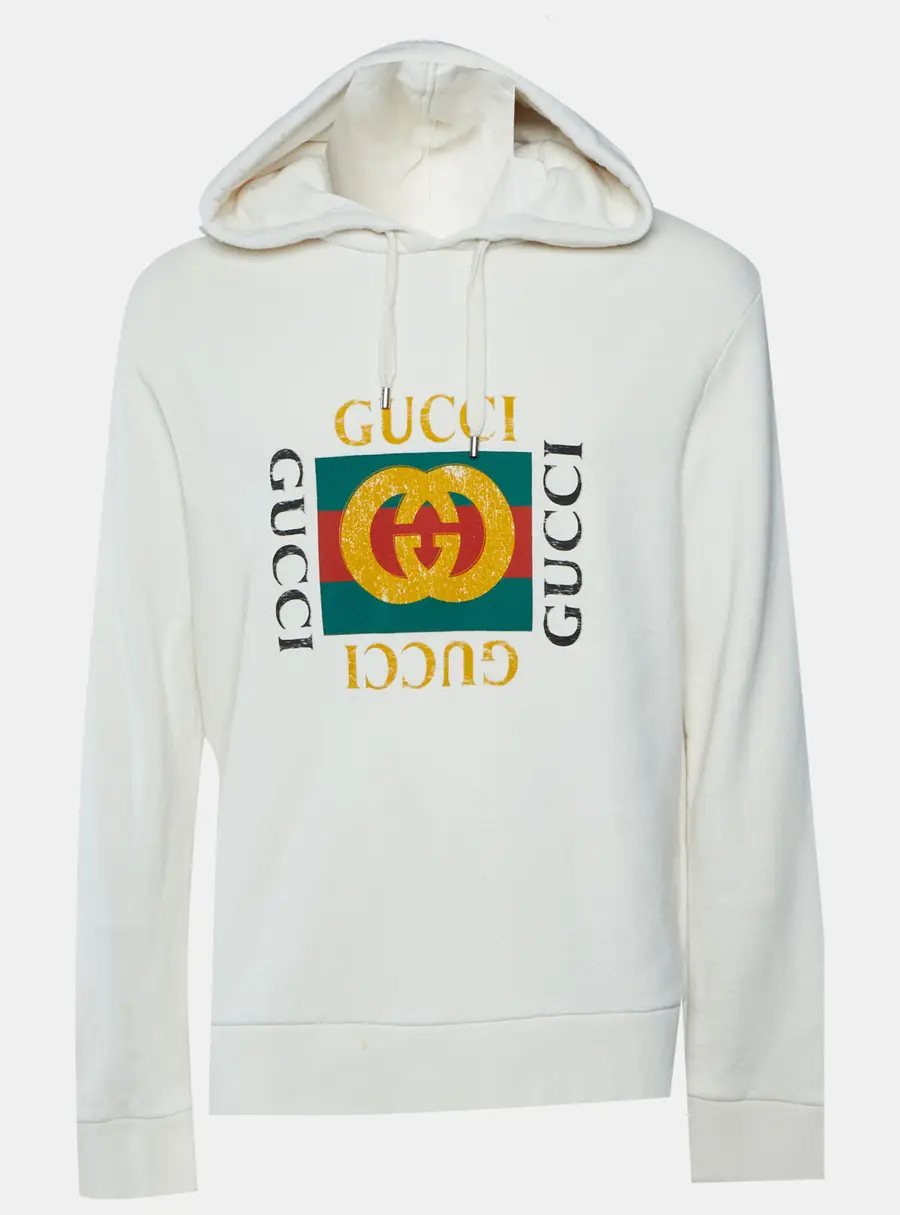 Gucci Cream Vintage Logo Print Cotton Distressed Hoodie XL