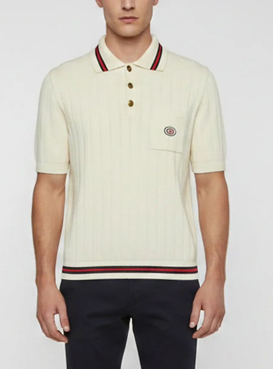Gucci Cream Web Striped Cotton Knit Polo Shirt M
