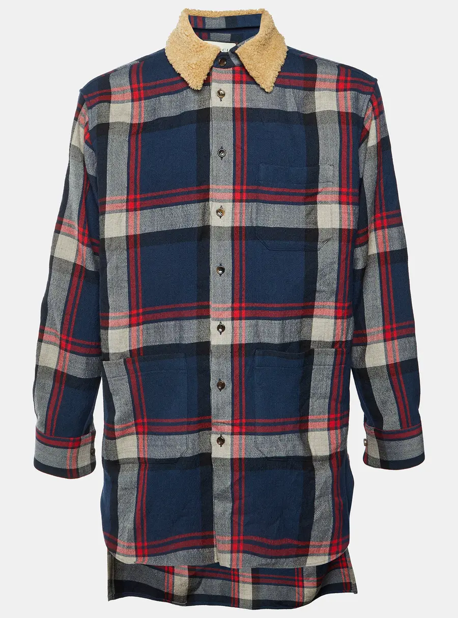 Gucci Multicolour Plaid Wool Shearling Collar Overcoat M