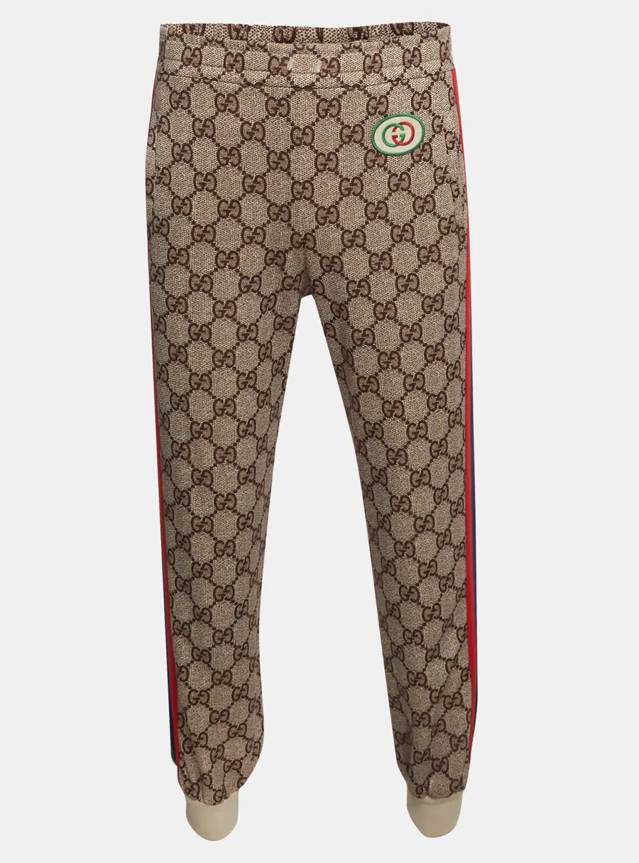 Gucci Beige Monogram Print Jersey Web Stripe Sweatpants XS