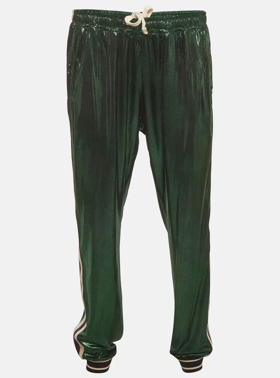Gucci Metallic Green Logo Striped Laminated Jersey Joggers XXL