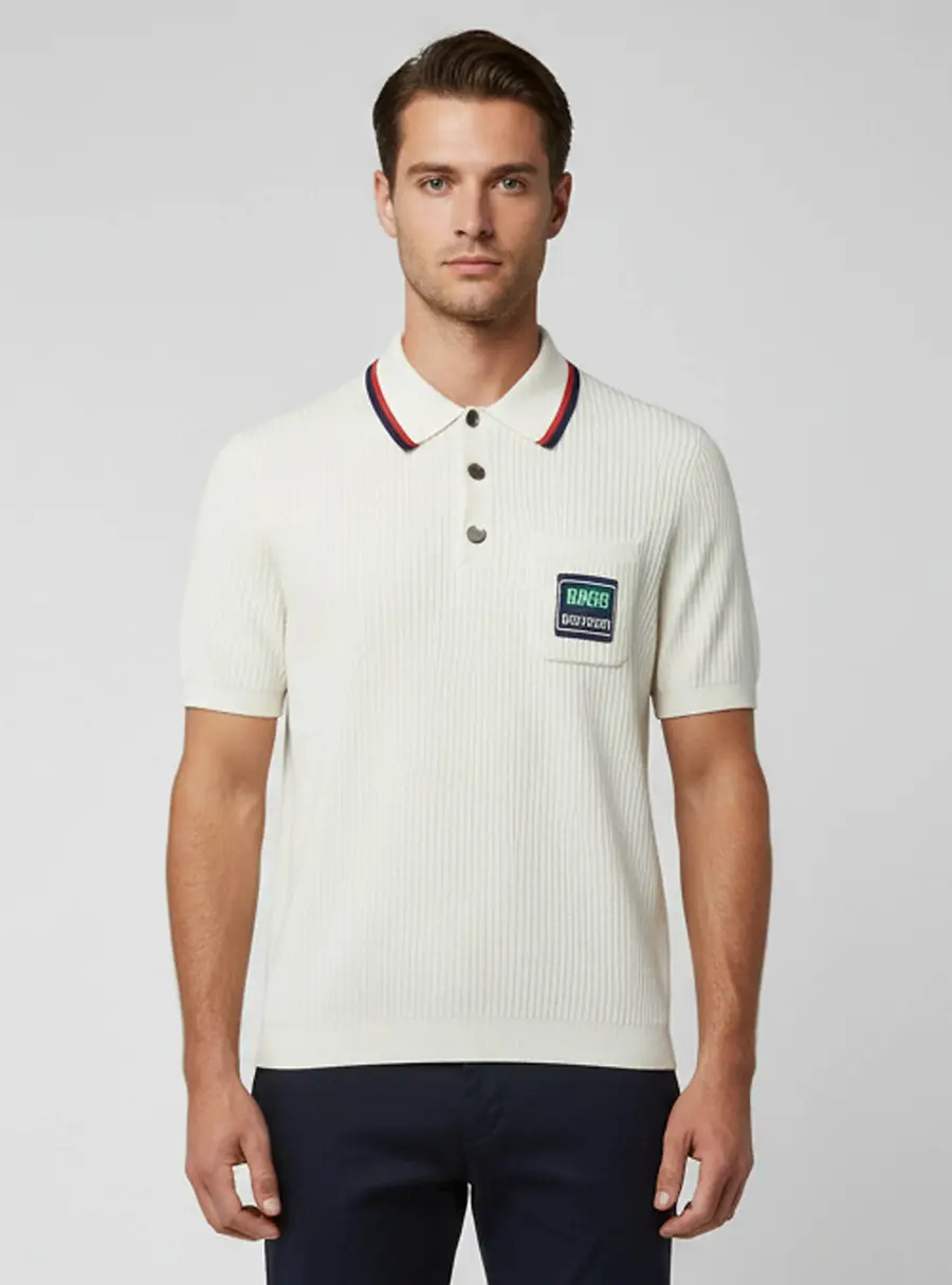 Gucci Ivory Cotton Knit Stripe Detail Polo T-Shirt L