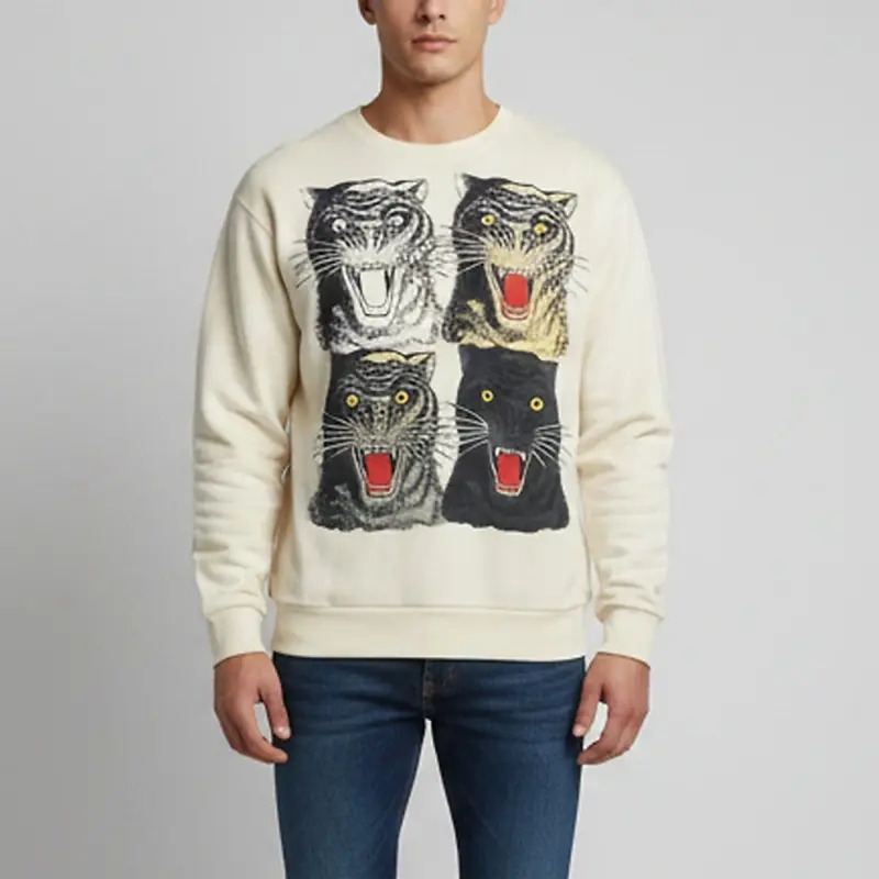 Gucci Beige Tiger Head Graphic Print Cotton Knit Oversized Sweatshirt L