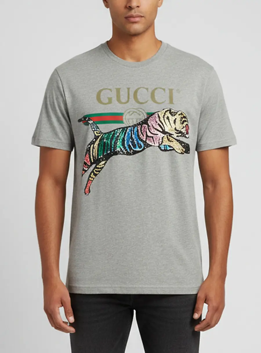 Gucci Grey Logo Print Embellished Tiger Jersey Crewneck T-Shirt XS