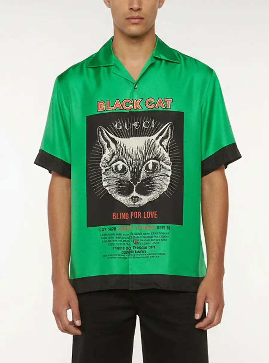 Gucci Green Cat Print Silk Bowling Short Sleeve Shirt S