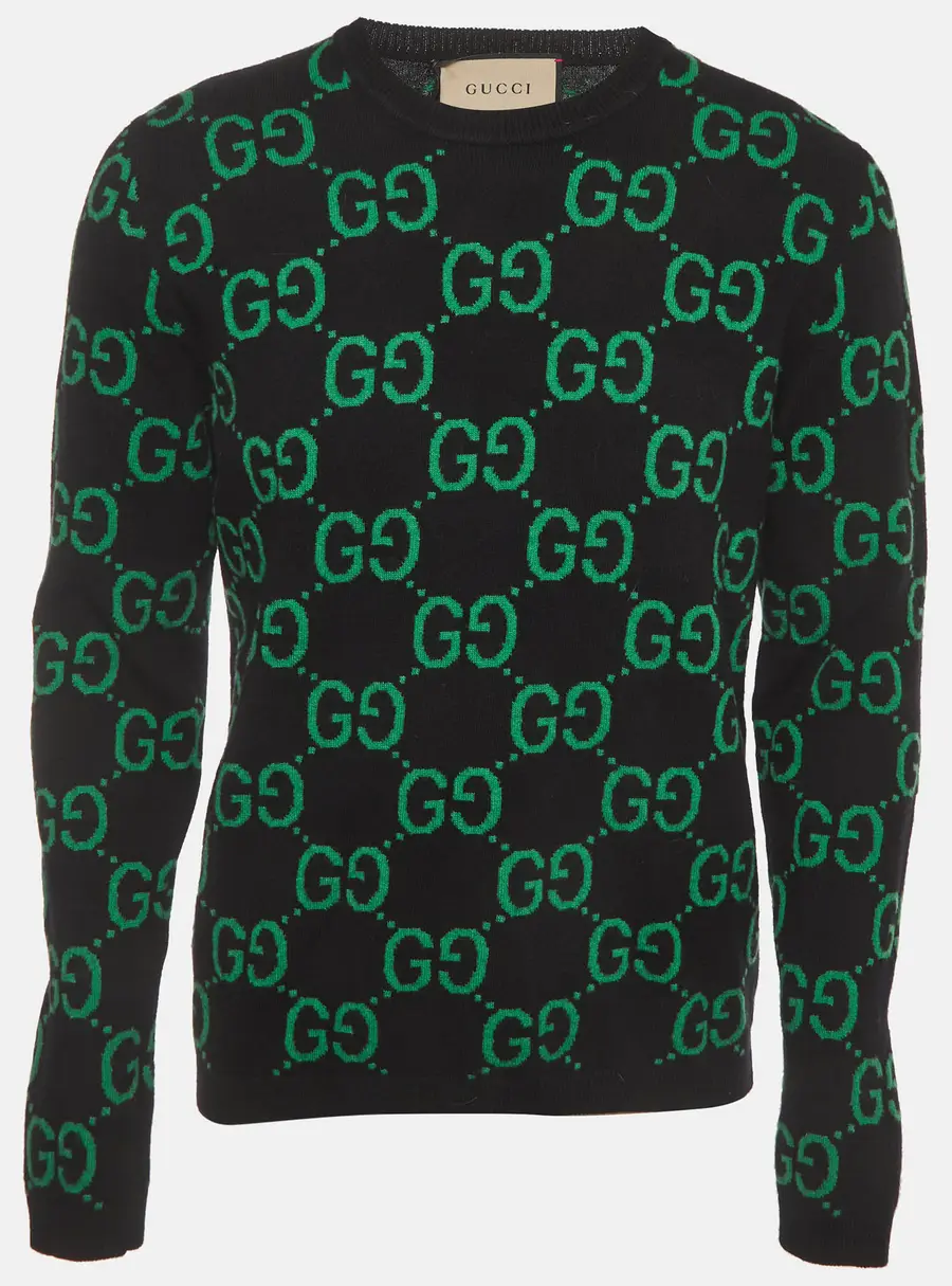 Gucci Black/Green GG Monogram Jacquard Knit Crewneck Pullover L