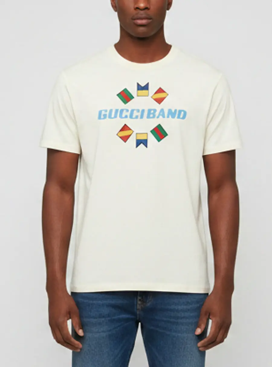 Gucci Cream Logo Band Graphic Embroidered Jersey T-Shirt S