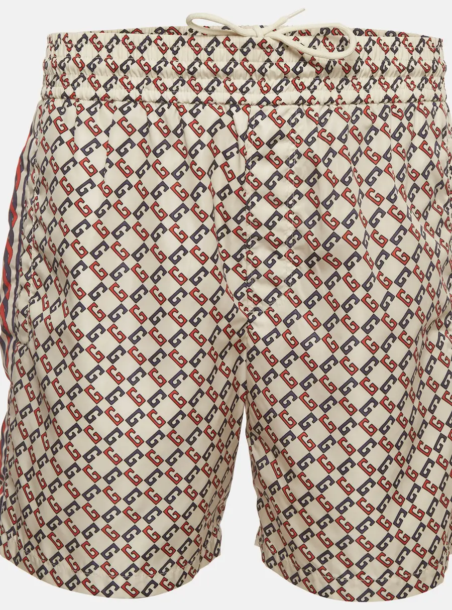 Gucci Cream Geometric G Print Nylon Swimwear Shorts M