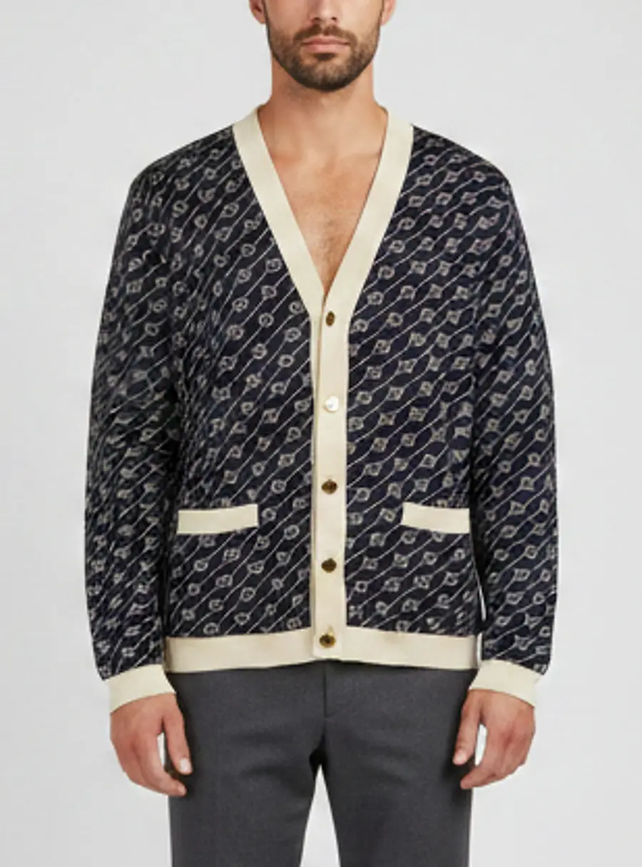 Gucci Navy Blue Diagonal Monogram Jacquard Knit Cardigan XXL