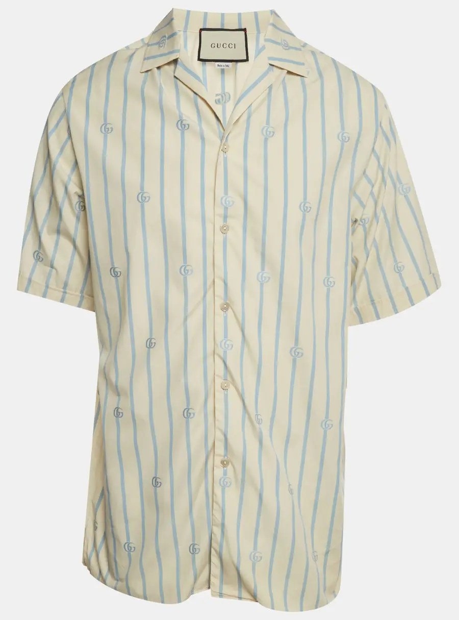 Gucci Yellow/ Blue Stripe Monogram Poplin Short Sleeve T-Shirt S