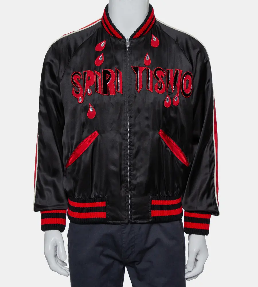 Gucci Black Satin Contrast Trim Spiritismo Applique Detail Bomber Jacket M