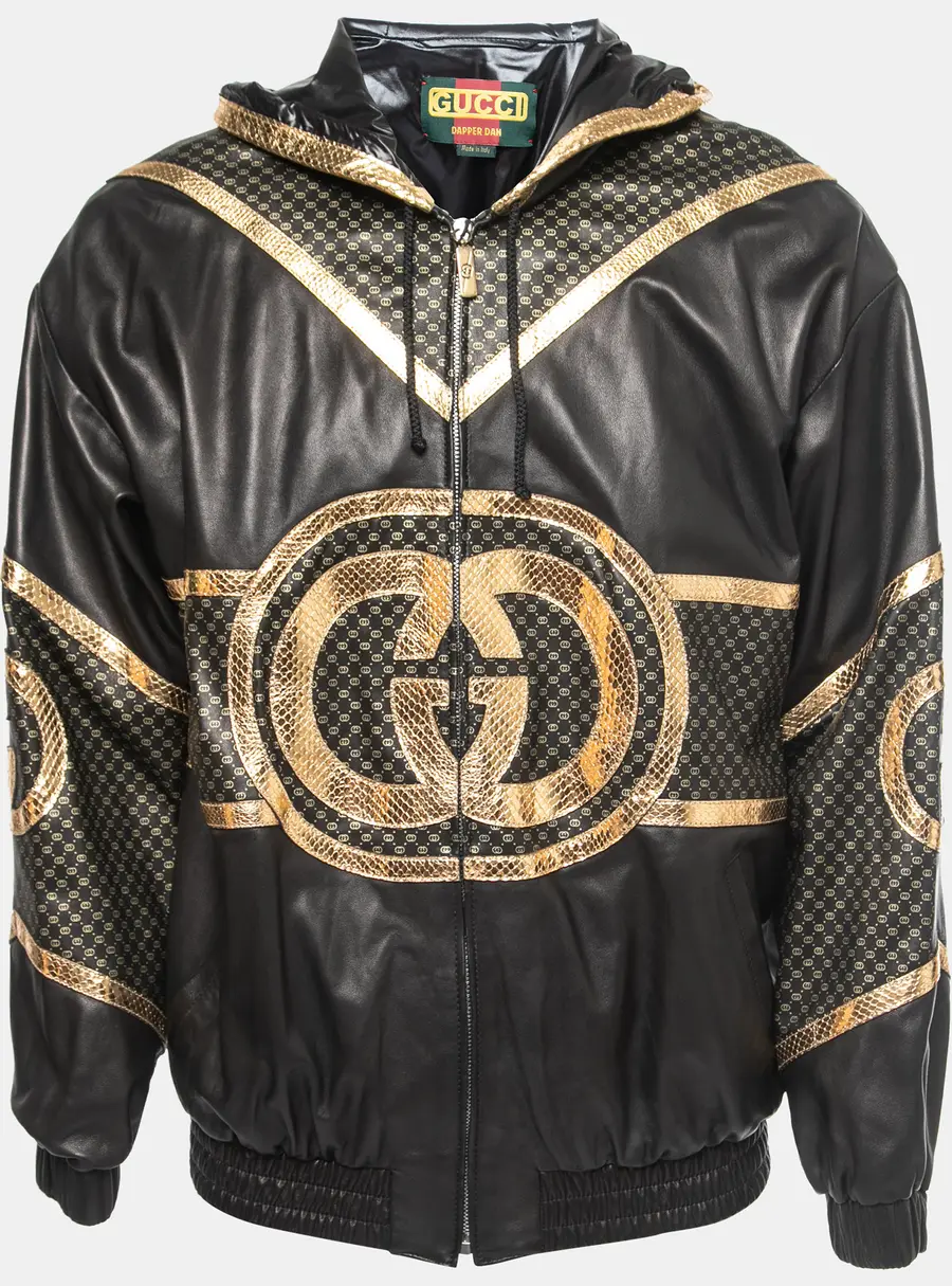 Gucci Dapper Dan Black & Gold Leather Logoed Hooded Jacket M