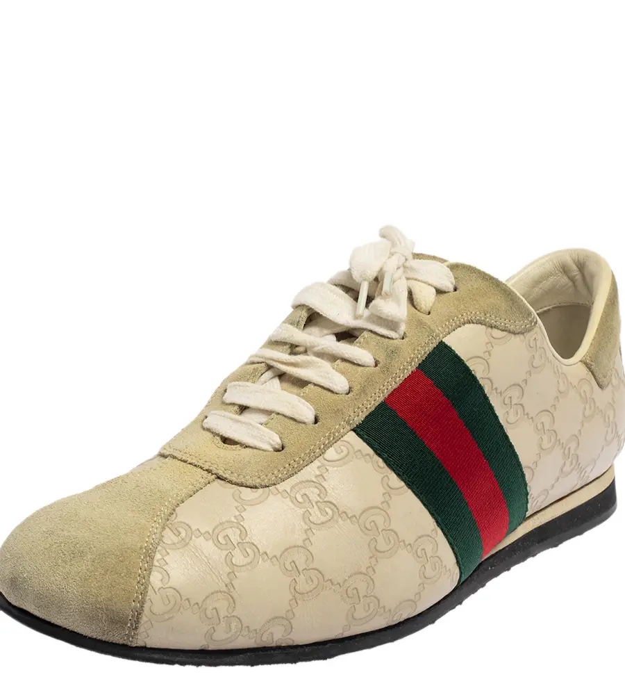 Gucci Cream Suede And Leather Web Low Top Sneakers Size 43.5