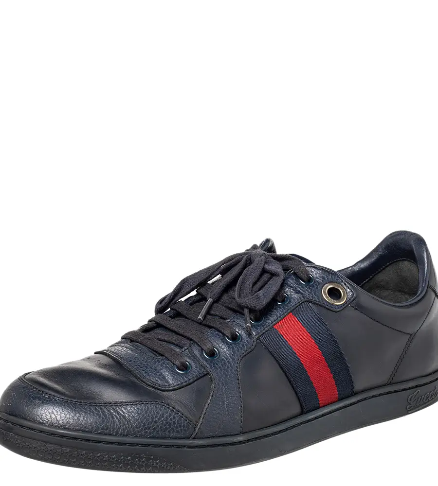 Gucci Size 44 Navy Blue Canvas, Leather and Patent Leather Low Top Sneakers