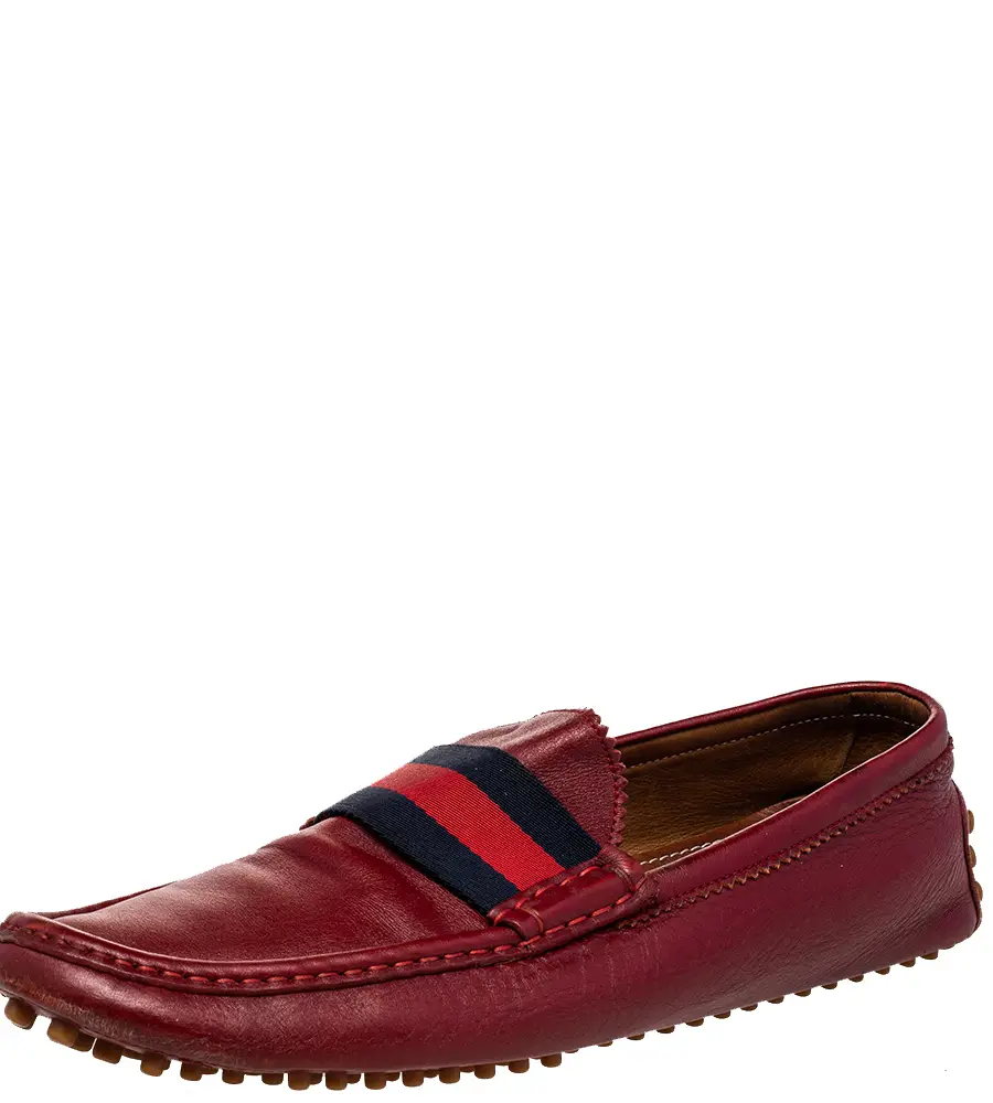 Gucci Red Leather Web Detail Slip On Loafers Size 43.5