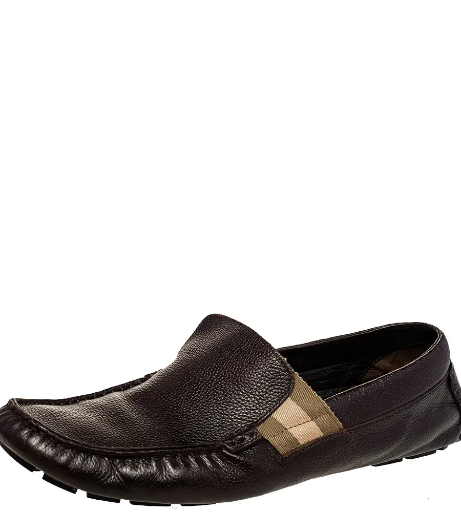 Gucci Brown Leather Web Detail Slip-On Loafers Size 43