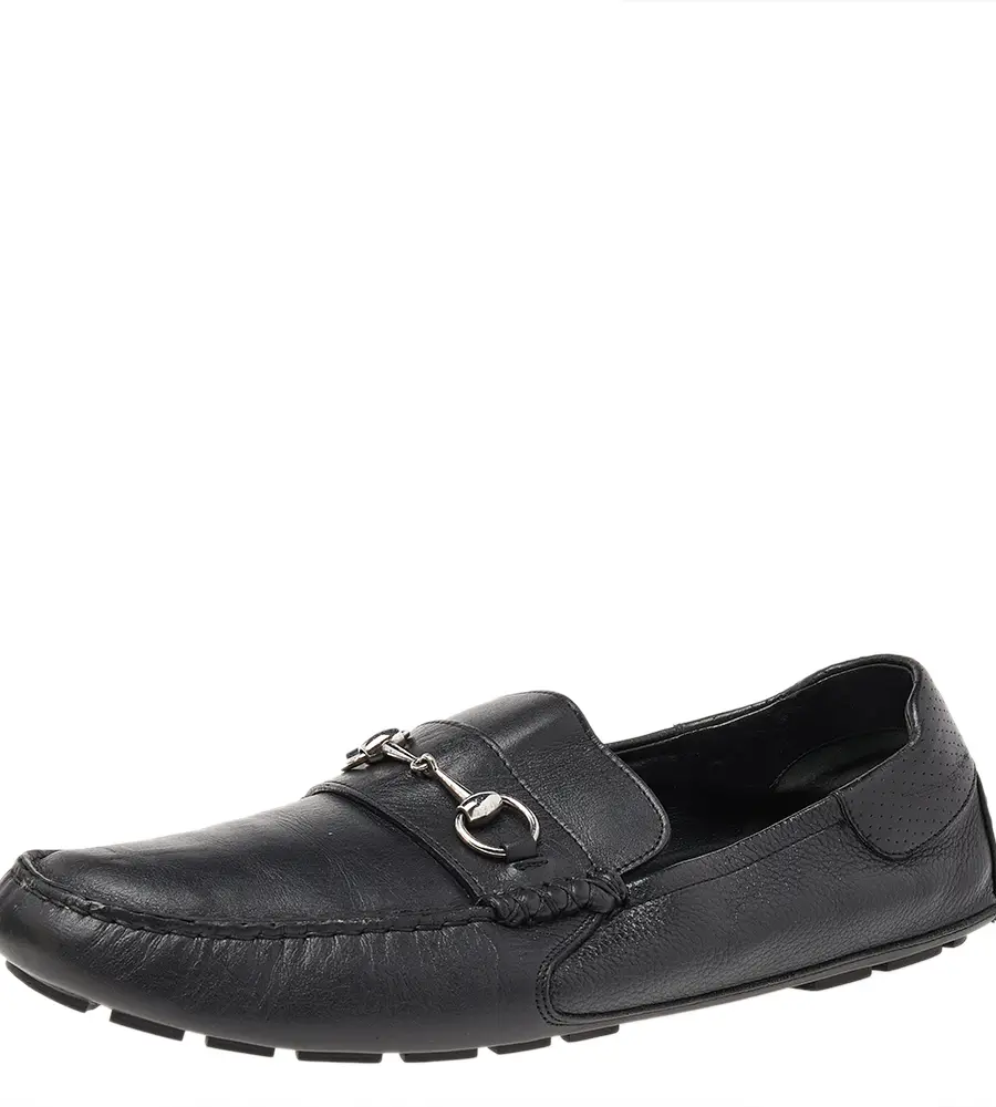 Gucci Black Leather Horsebit Slip On Loafers Size 46.5