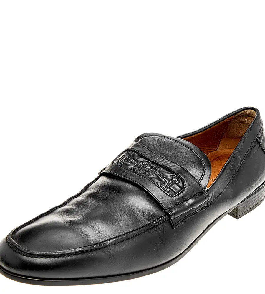 Gucci Black Leather Horsebit Embossed Slip On Loafers Size 44.5