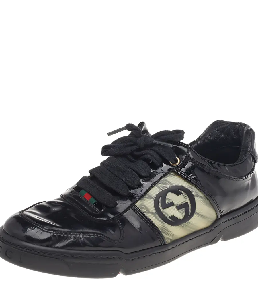 Gucci Black Patent Leather Interlocking G Hologram Logo Low Top Sneakers Size 41