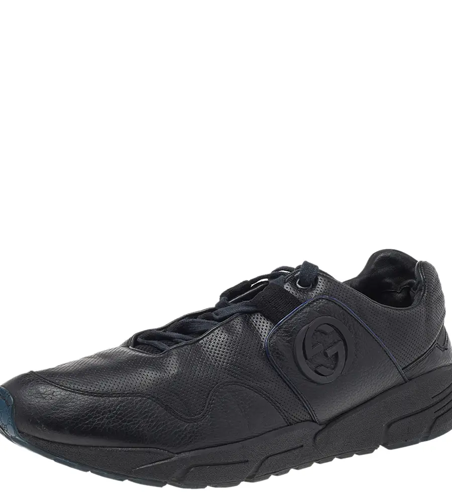 Gucci Black Leather GG Logo Low Top Sneakers Size 45.5