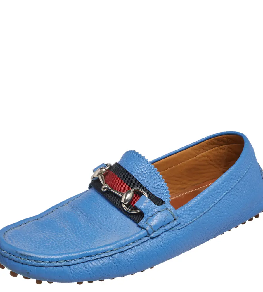 Gucci Blue  Leather Horsbit Web Trim Loafers Size 40