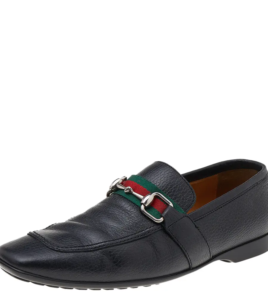 Gucci Black Leather Web Detail Loafers Size 40.5
