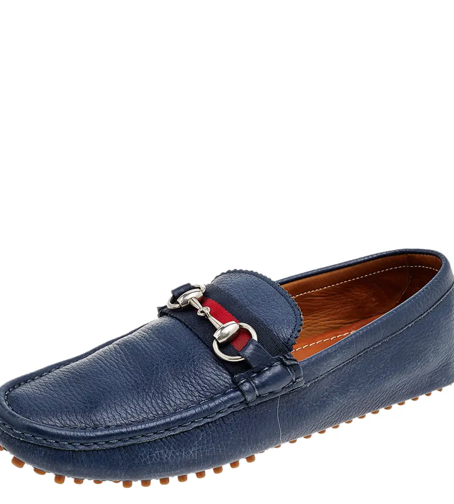Gucci Blue Leather Horsebit Slip on Loafers Size 40
