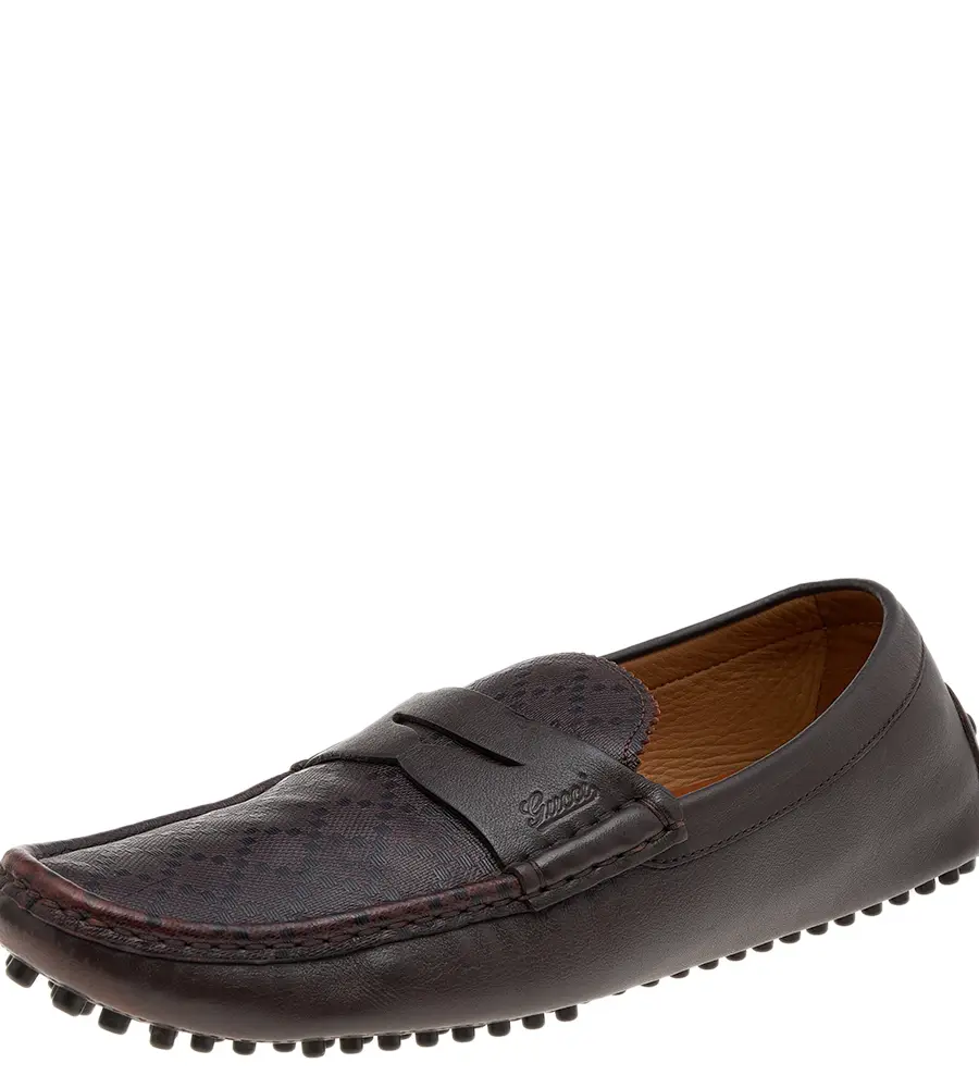 Gucci Dark Brown Diamante Leather Penny Slip On Loafers Size 42