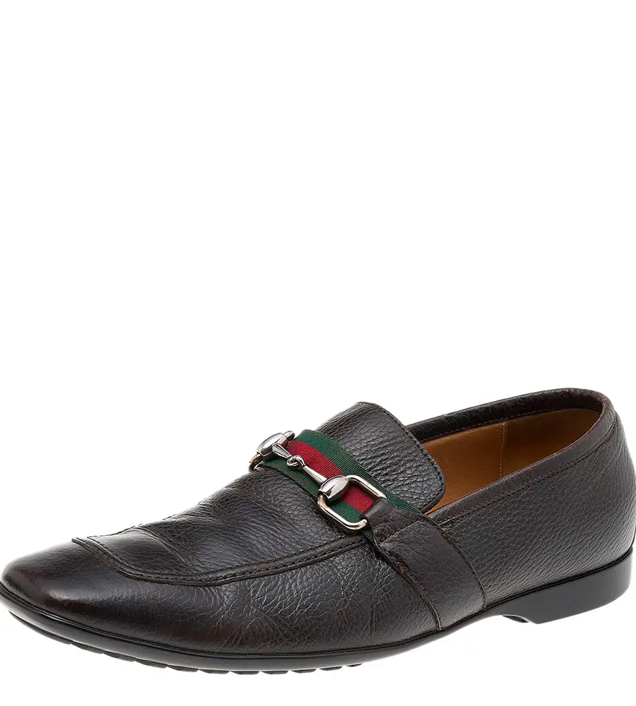 Gucci Dark Brown Leather Horsebit Web Slip On Loafers Size 41.5