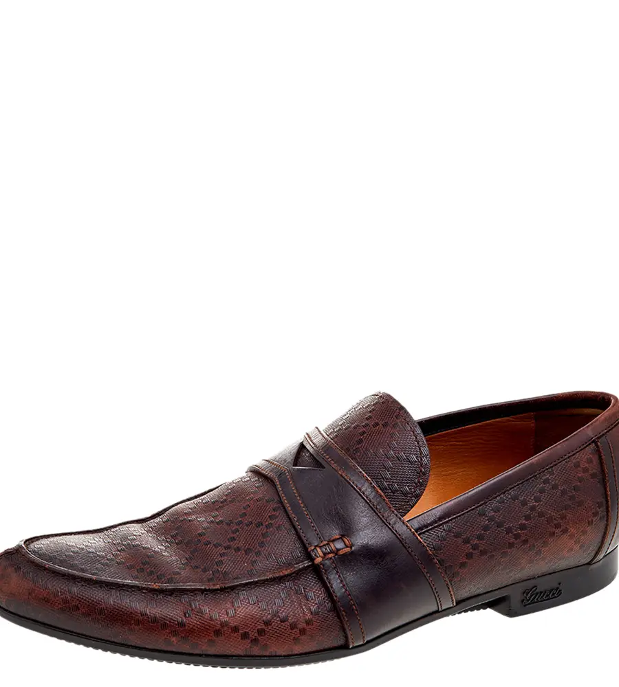 Gucci Dark Brown Hilary Diamante Embossed Leather Slip On Penny Loafers Size 43.5
