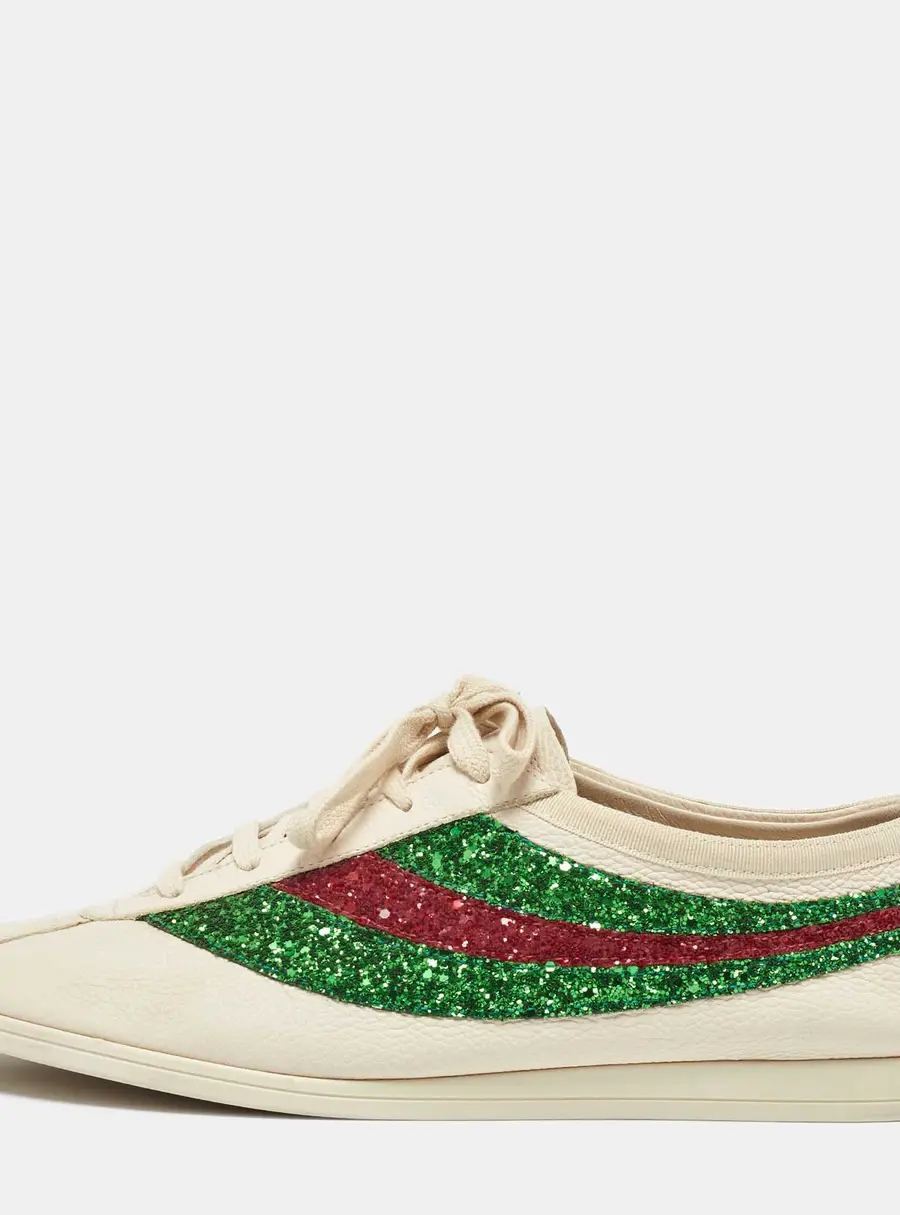 Gucci White Glitter and Leather Falacer Lace Up Sneakers Size 43