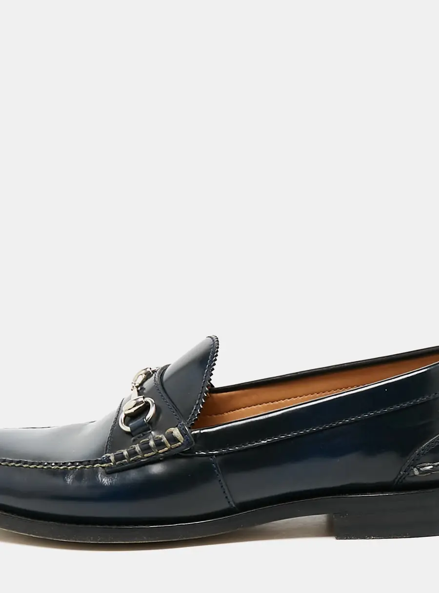 Gucci Navy Blue Leather Horsebit Slip On Loafers Size 46