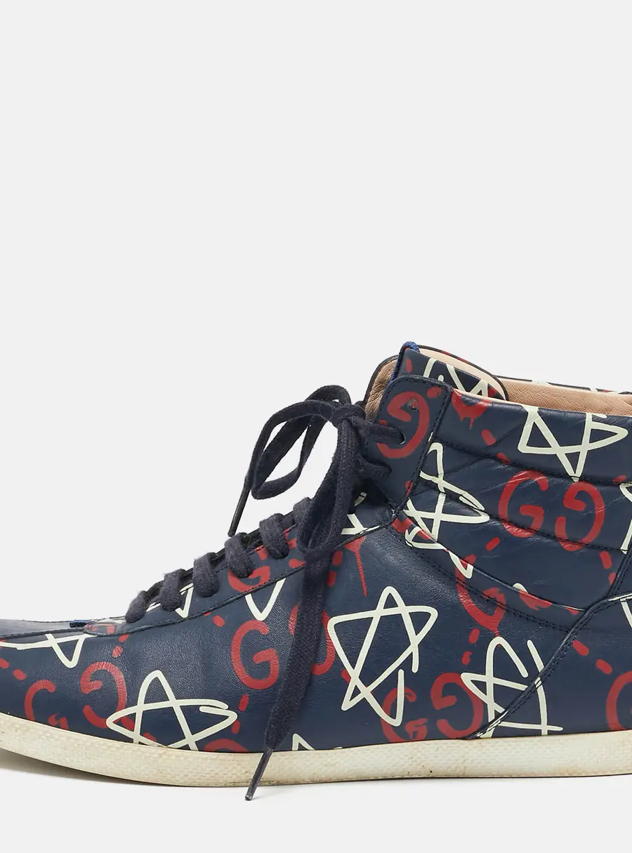 Gucci Blue Leather Ghost Logo High Top Sneakers Size 45