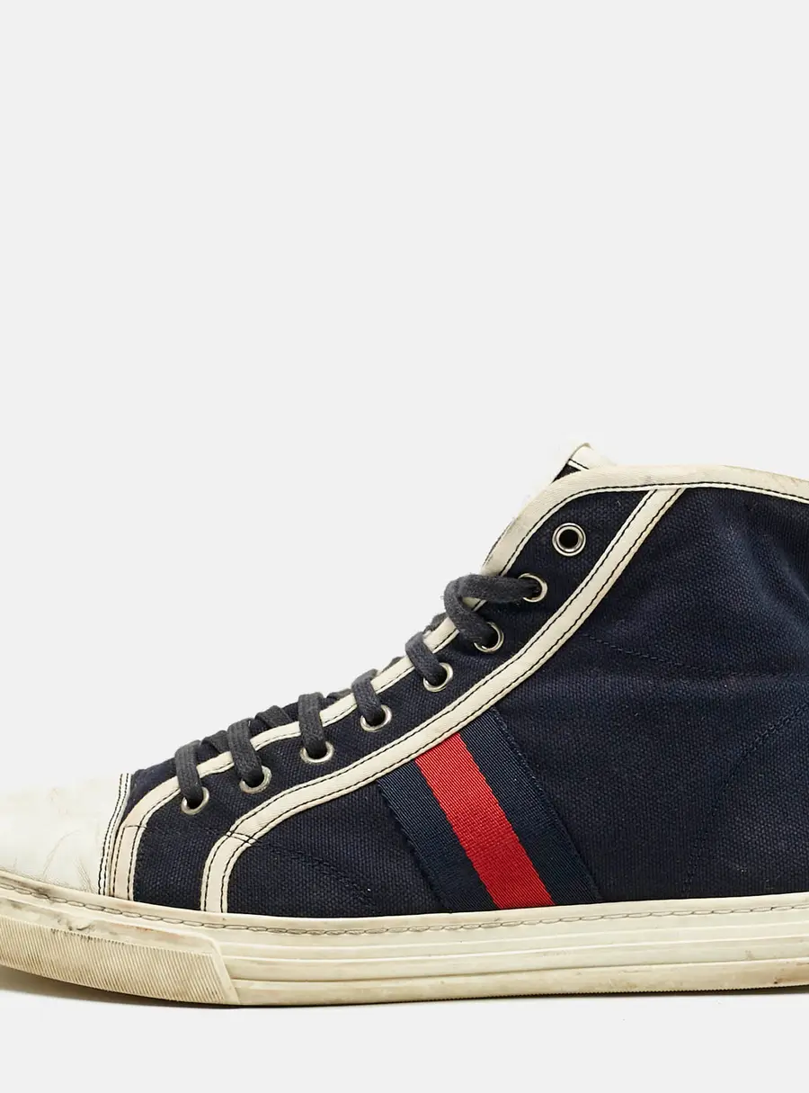 Gucci Navy Blue/White Canvas and Leather Web Detail High Top Sneakers Size 43