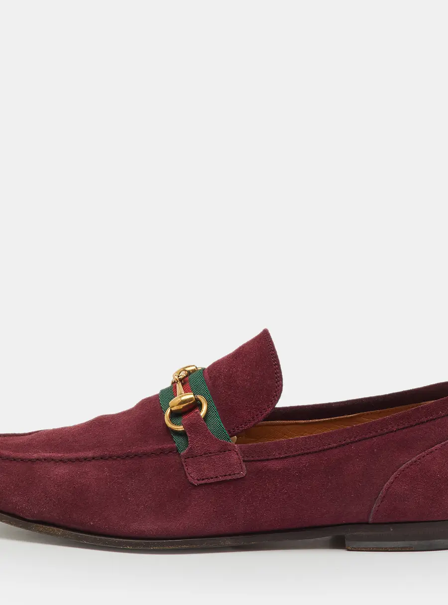 Gucci Burgundy Suede Web Horsebit Slip On Loafers Size 41