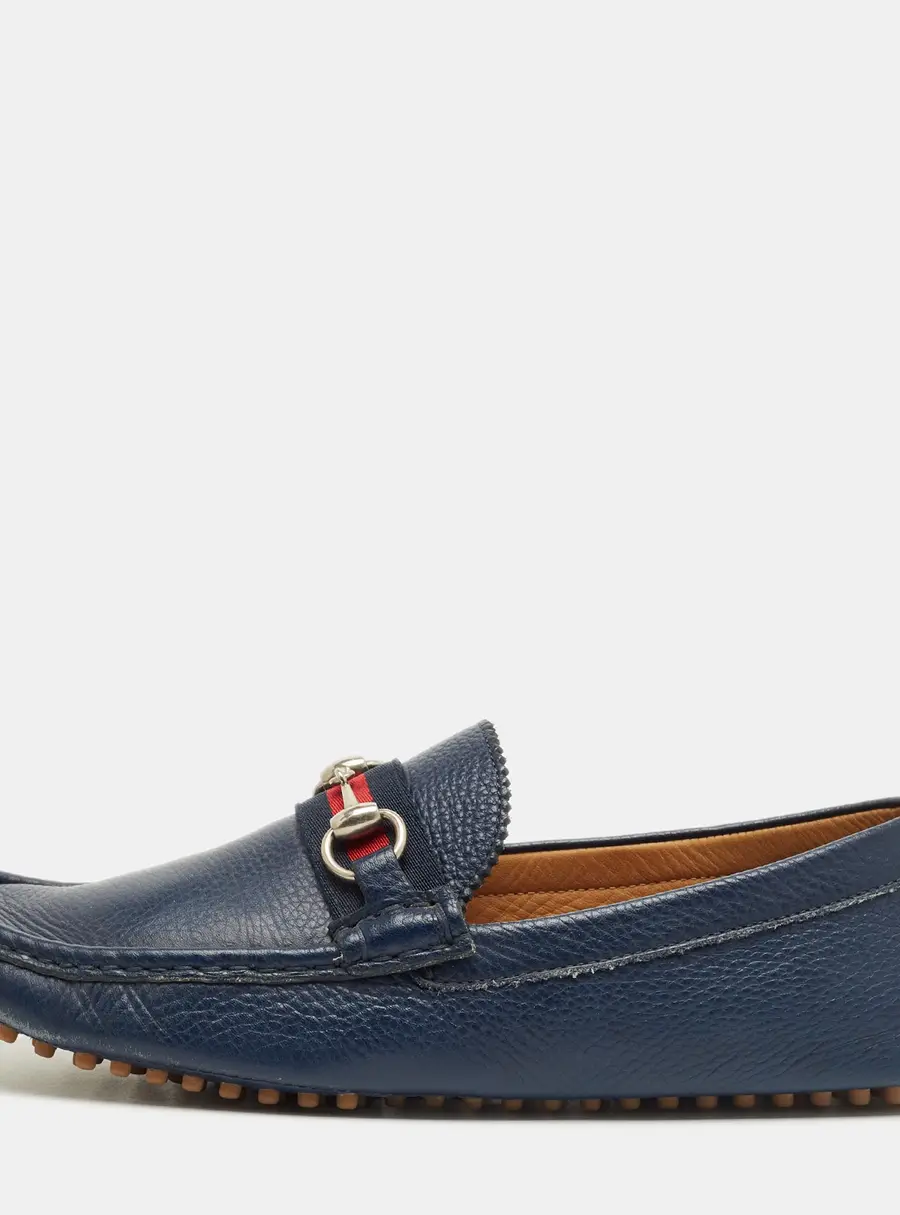 Gucci Navy Blue Leather Web Horsebit Loafers Size 42