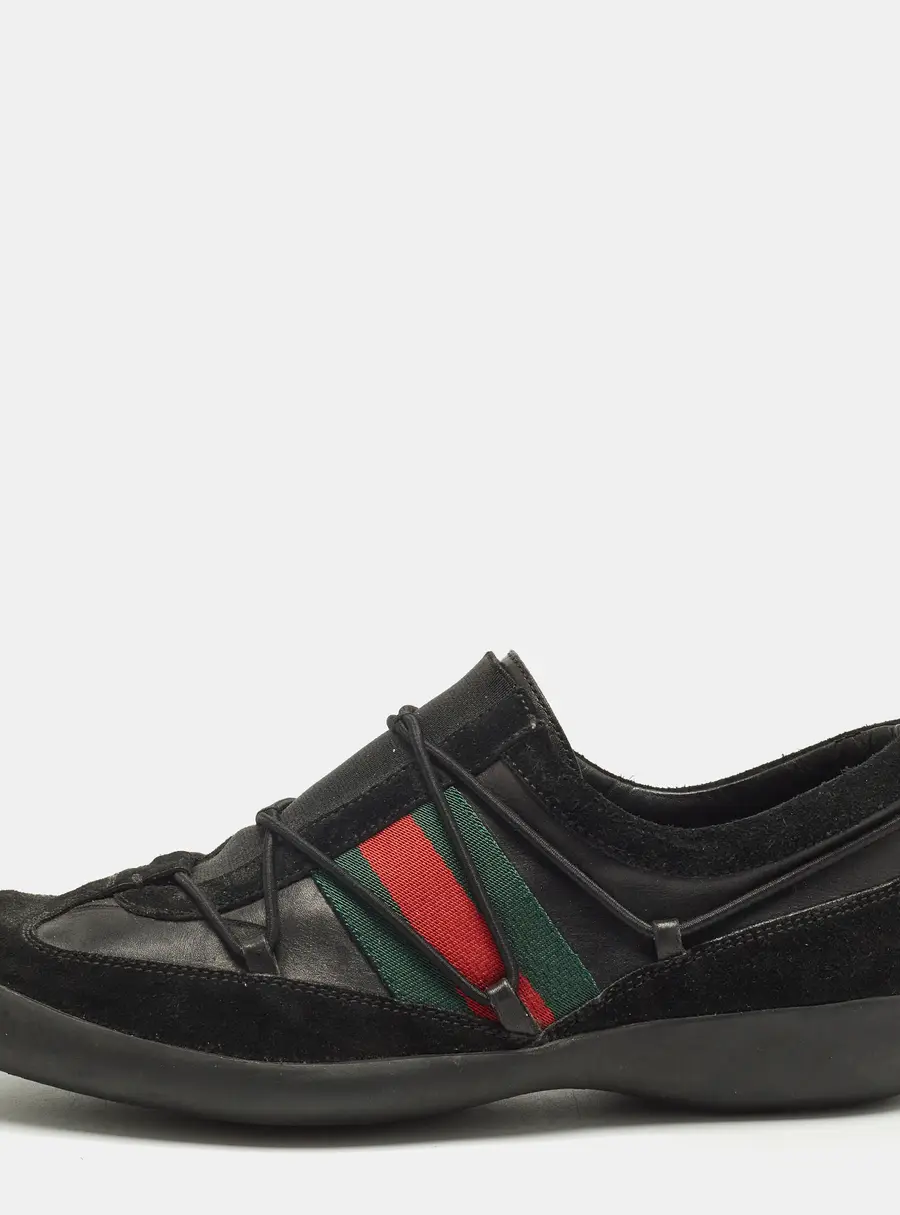 Gucci Black Leather and Suede Elastic Web Vintage Slip On Sneakers Size 42.5