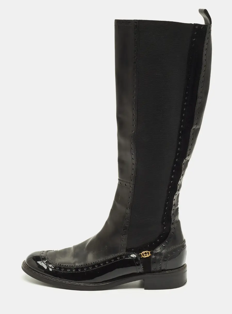 Gucci Size 39 Black Elastic and Leather Knee Length Boots