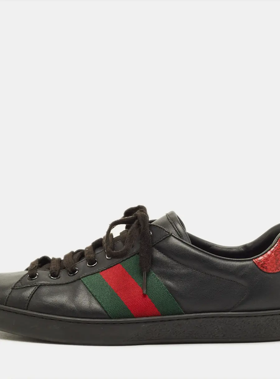 Gucci Ace Size 43 Black Leather and Python Embossed Web Lace Up Sneakers