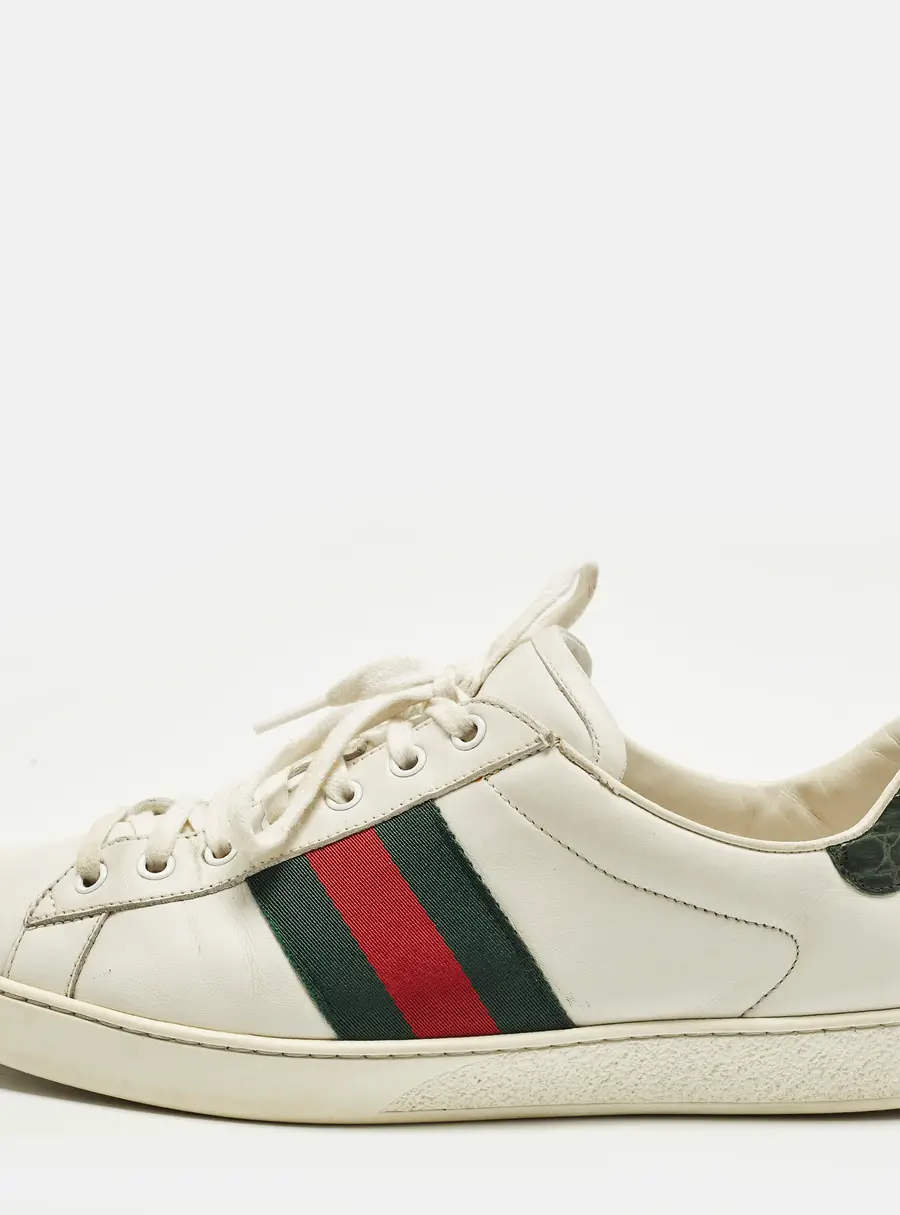 Gucci Ace Size 44.5 White Crocodile Leather and Leather Web Low Top Sneakers