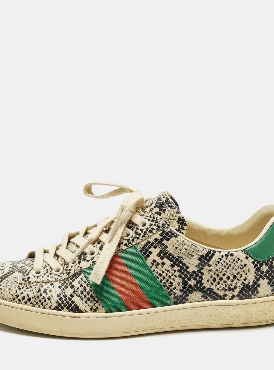 Gucci Ace Size 43 Cream Python Embossed Leather Lace Up Sneakers