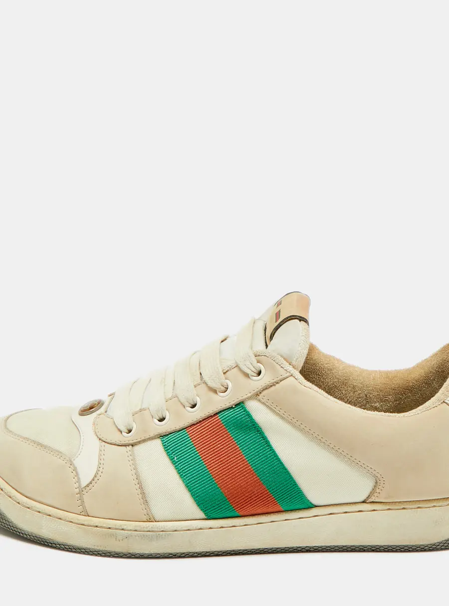 Gucci Screener Size 45 Beige Canvas and Nubuck Leather Web Low Top Sneakers