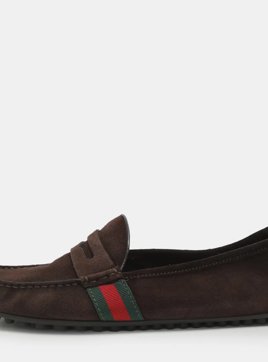 Gucci Web Size 42 Brown Suede Penny Loafers