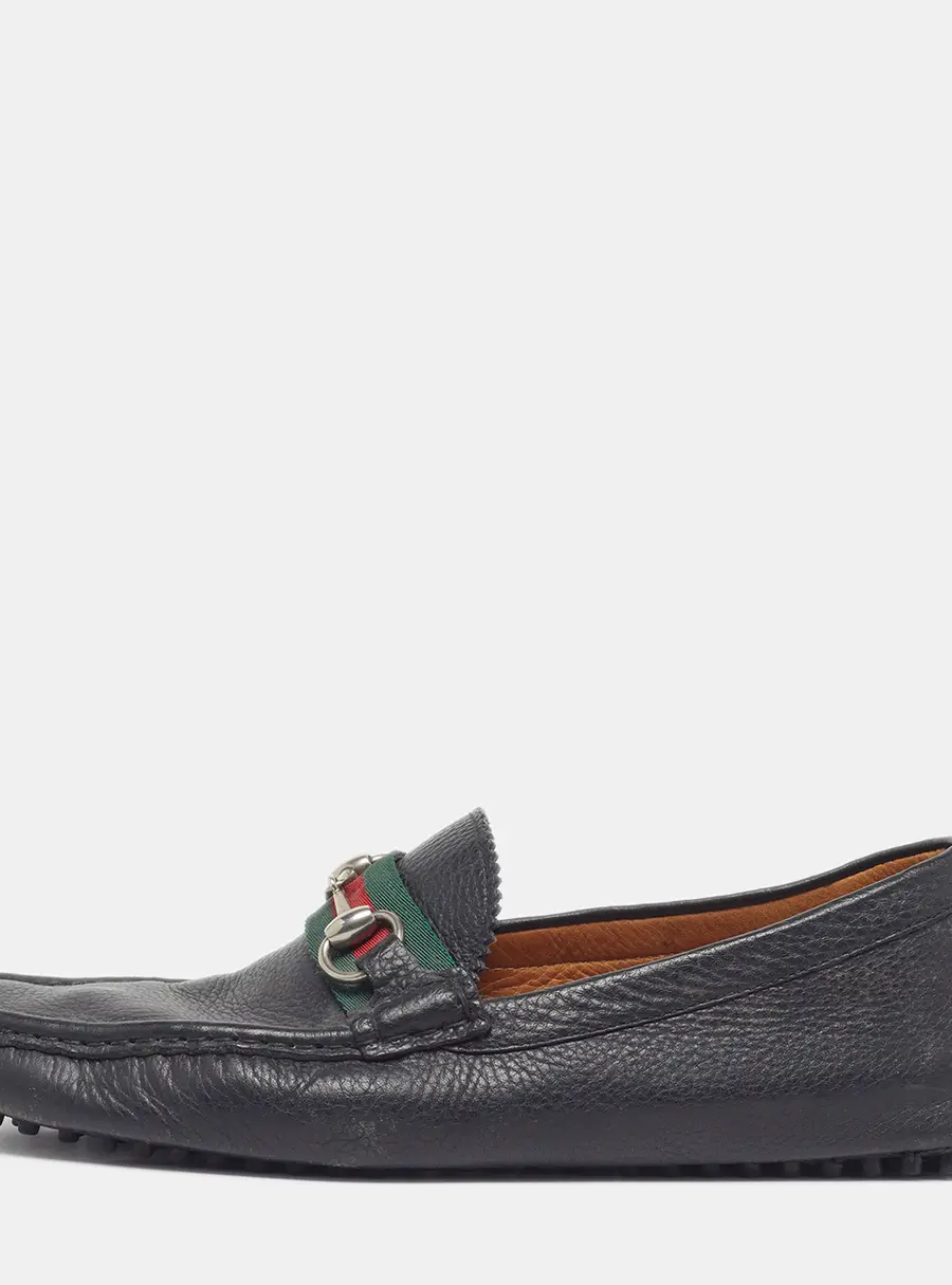 Gucci Horsebit Size 42 Black Leather Web Slip On Loafers