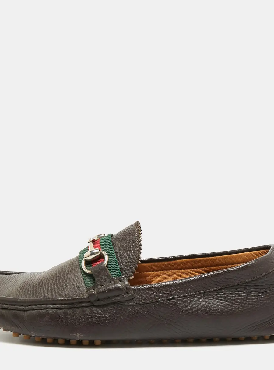 Gucci Web Size 43.5 Dark Brown Leather Horsebit Slip On Loafers