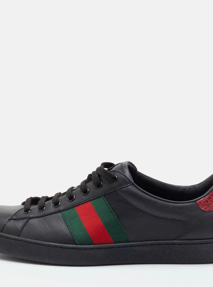 Gucci Ace Size 43.5 Black Leather Web Lace Up Sneakers